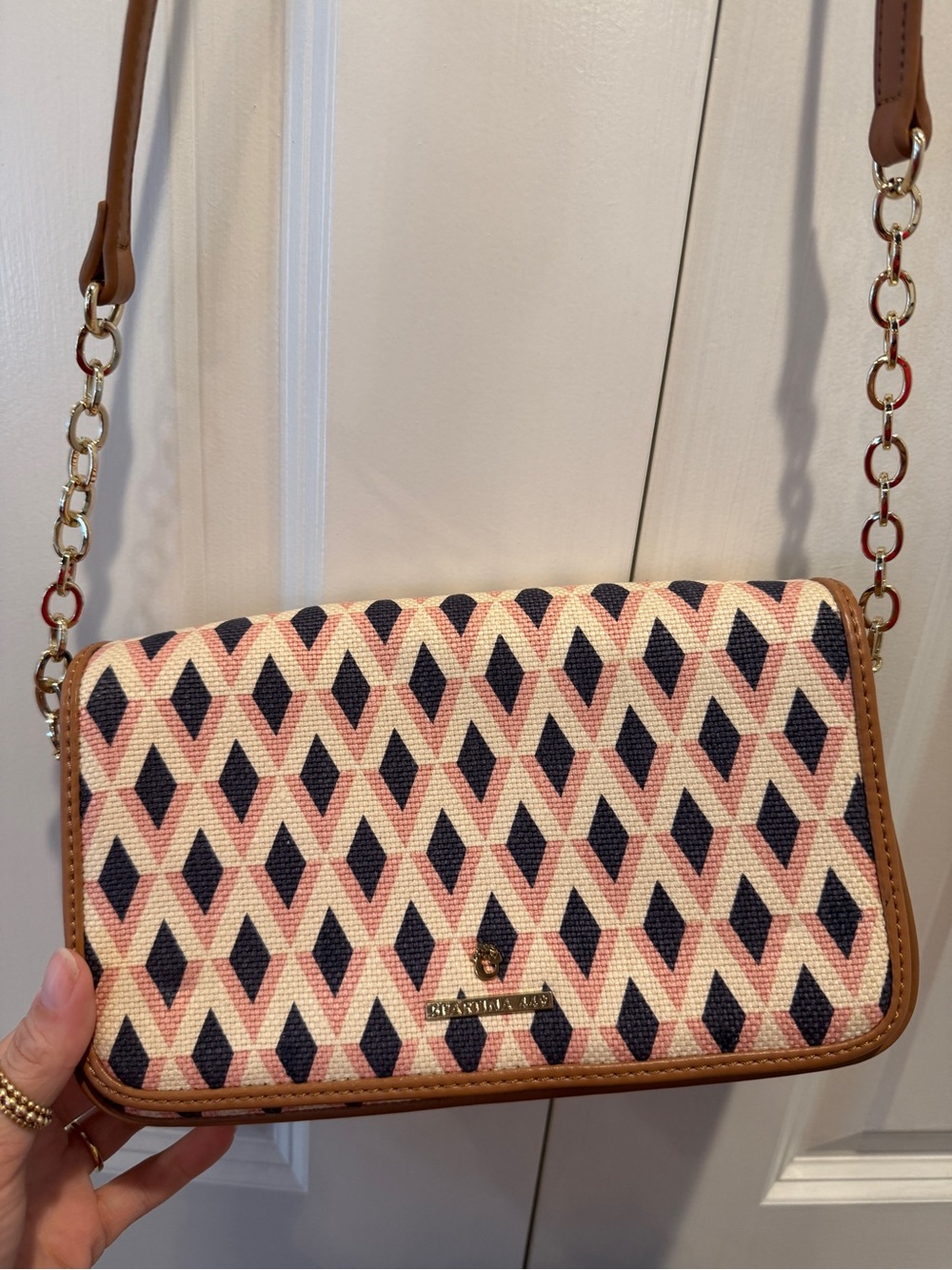 Woven Diamond-Pattern Crossbody Bag in Brown and Navy- Spartina - Picture 2 of 4